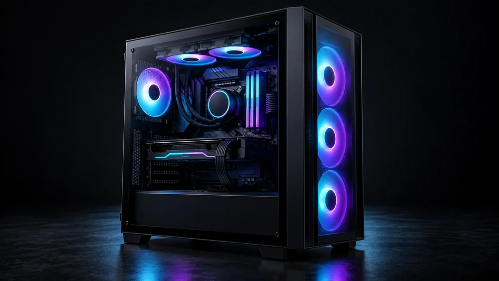 Illustrative assembled gaming PC with RGB lighting